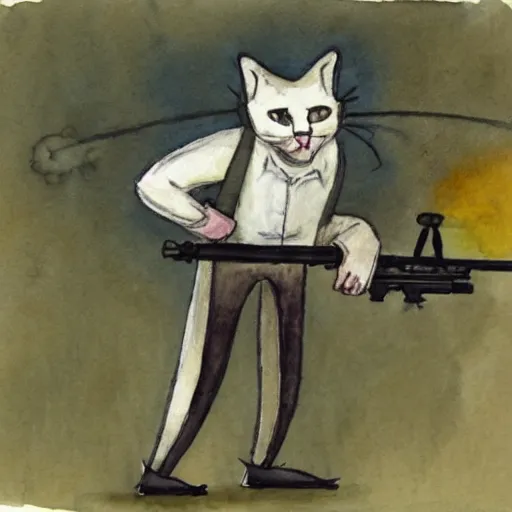 Prompt: an anthropomorphic cat using a sniper rifle to hunt a mouse. watercolor.