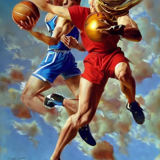 Prompt: samus aran playing basketball, extremely detailed masterpiece, roger deakin ’ s cinematography, oil on canvas, norman rockwell.