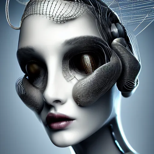 Image similar to closeup portrait of an absurdly beautiful, graceful, sophisticated, fashionable cyberpunk mechanoid gravure idol, an ultrafine hyperdetailed illustration by irakli nadar, matt wisniewski style, fashion photography, intricate linework, porcelain skin, jellyfish headdress, unreal engine 5 highly rendered, global illumination, radiant light, detailed and intricate environment