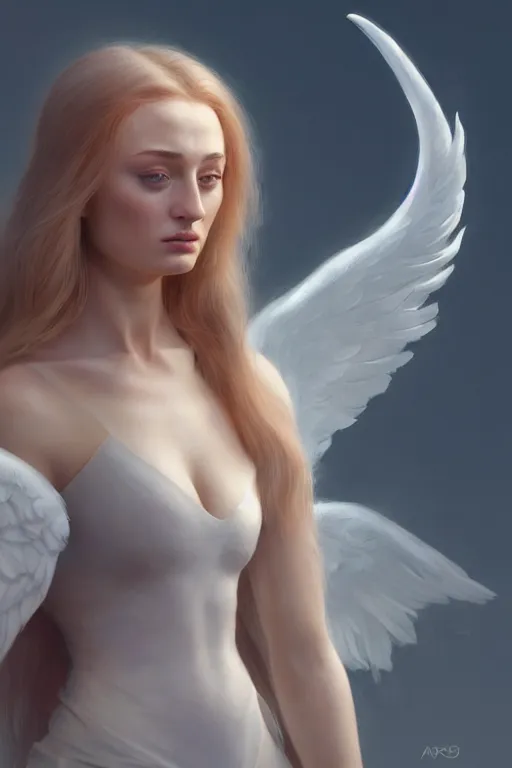 Image similar to Sophie Turner as a Heavenly Angel,anatomy, only two hands, highly detailed, digital painting, artstation, concept art, smooth, sharp focus, illustration, Unreal Engine 5, 8K, art by art by artgerm and greg rutkowski and edgar maxence