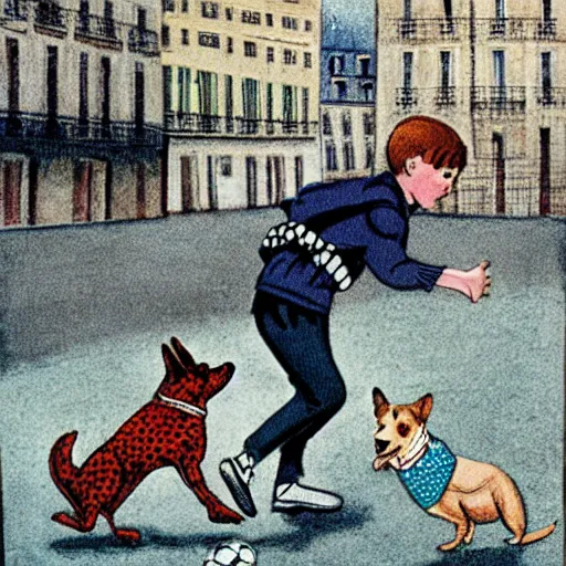 Image similar to book illustration of a french boy on the streets of paris playing football against a corgi, the dog is wearing a polka dot scarf, 1 9 6 6