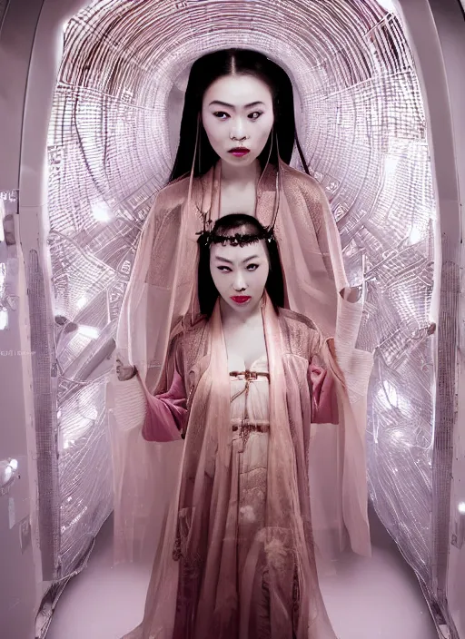 Image similar to photo shoot pose photo of beautiful Chinese ancient princess standing in the corridor in the space ship, symmetrical face, big eyes and lips, looking down, subtle makeup, clean face and body skin,ecstatic expression, ornamental jewelry and ancient translucent clothes, futuristic space ship interrior, wires with lights,depth of field, lens flares, dust in the air, moody lighting, intricate, elegant, highly detailed, centered, smooth, sharp focus, Donato Giancola, Joseph Christian Leyendecker, WLOP, Boris Vallejo, Artgerm moody photography, old photo, black and white, sepia, cinematic lighting, cinematic angle, editorial photography