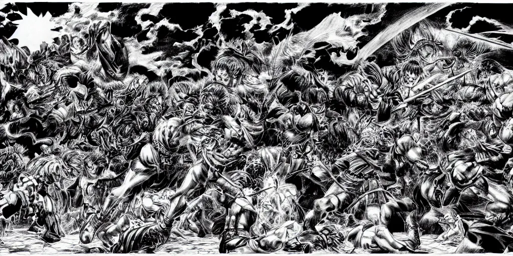 Image similar to a full page fight scene by kentaro miura