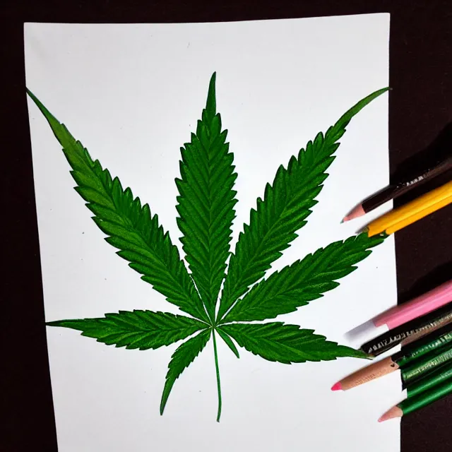 Image similar to cannabis leaf with a face, colored pencil illustration