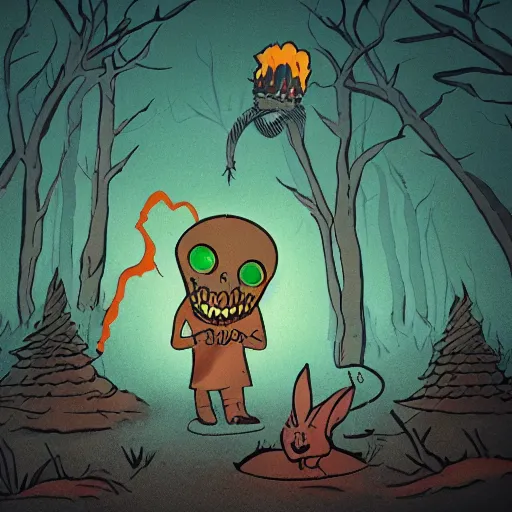 Prompt: the radio demon will hunt a little rabbit in a burning forest