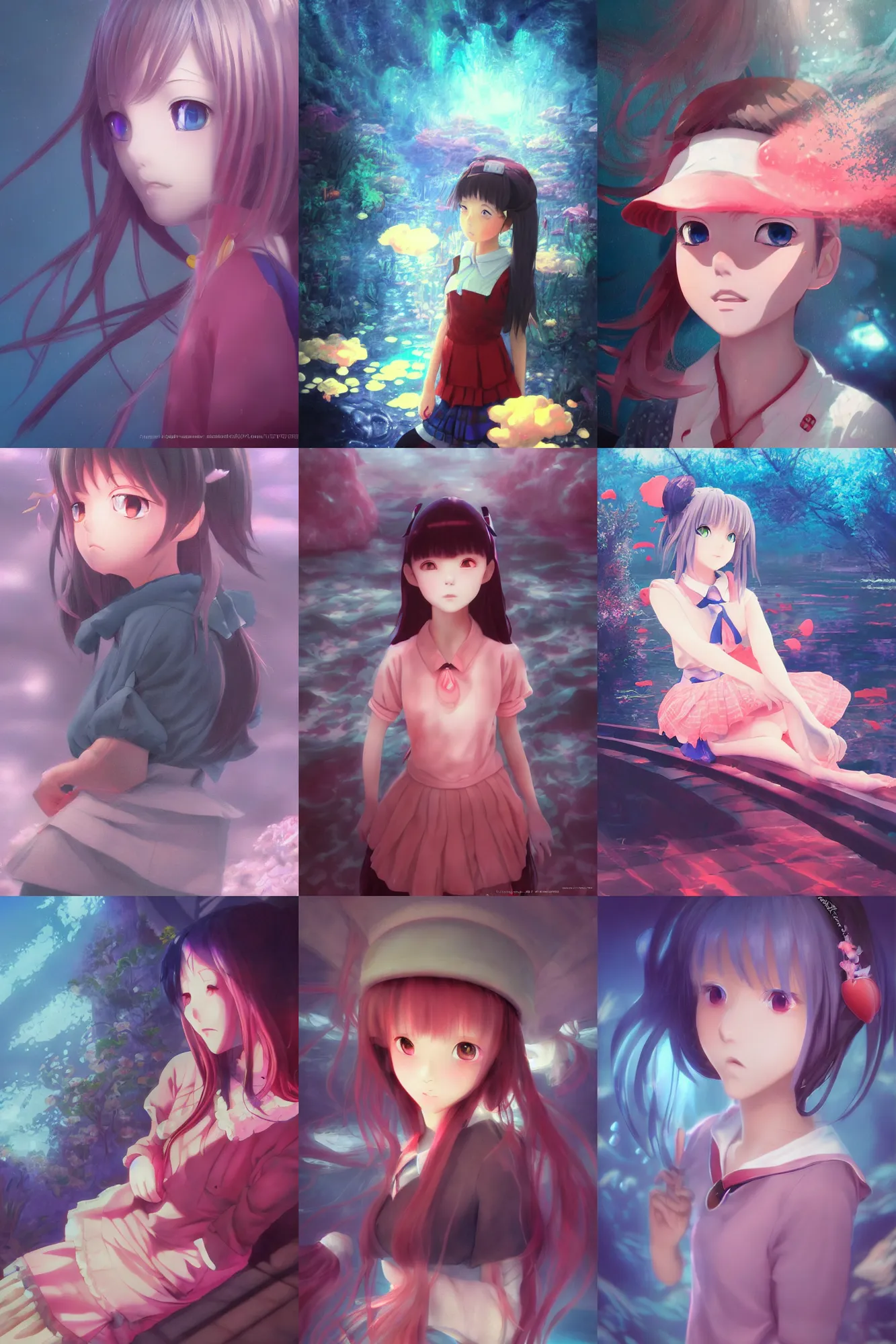 Image similar to 3d infrared render portrait of beauty 3d anime lofi schoolgirl underwater subway twilight. dramatic light, trending on artstation, art by hiro kiyohara and hayao miyazaki oil painting