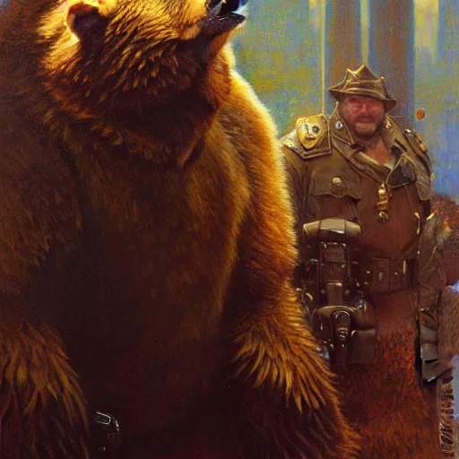 Prompt: portrait of a bear bearman in a police uniform. shadowrun furaffiniy cyberpunk fantasy highly detailed painting by gaston bussiere craig mullins jc leyendecker gustav klimt artgerm greg rutkowski john berkey, bergey, craig mullins, ruan jia, raymond swanland, jeremy mann, tom lovell, alex malveda