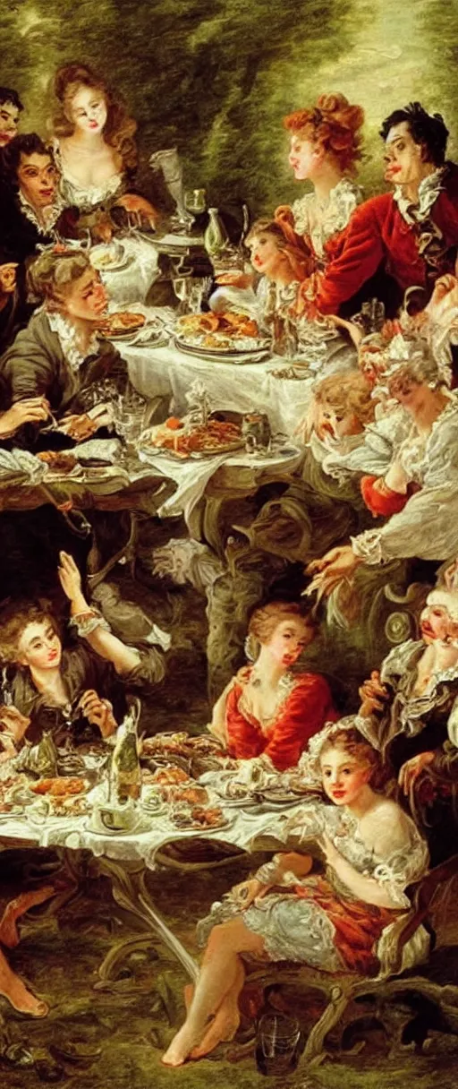 Prompt: vampires at a feasting dinner table with bones on plates super dreamy scary beautiful oil painting in the style of francois boucher