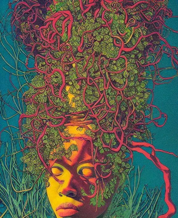 Image similar to afro medusa, exotic vegetation, tristan eaton, victo ngai, triadic color scheme, edward hopper, beksinski, nicola samori, hyperrealism, intricate detailed, risograph