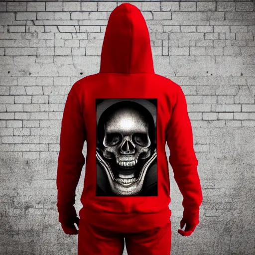 Image similar to a skeleton in a red hoodie with a rifle ultrarealism