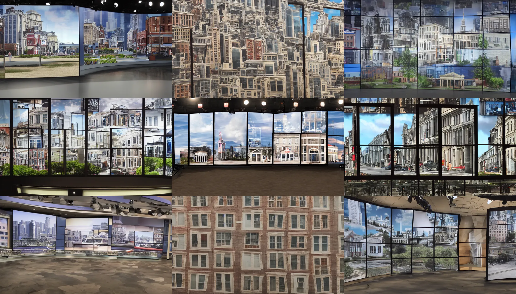 Prompt: A backdrop for the set of a news show depicting buildings from a very small town, jumbled together, closeup, seen through simulated windows