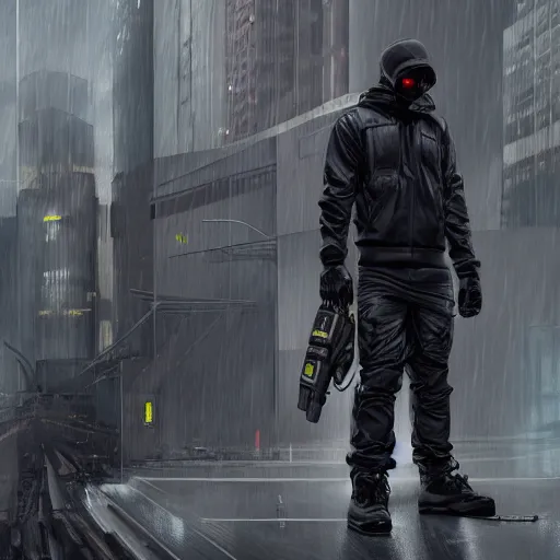 Image similar to A broad shouldered, muscular man in a Acronym Riot Division techwear outfit, Acronym P31-ds pants, trending on r/techwearclothing, high quality, digital art, dire cyberpunk city, gray sky, greg rutkowski