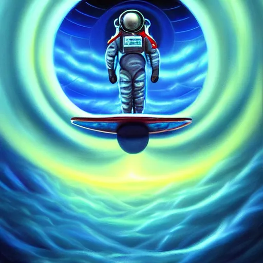 Prompt: cool mech spaceman surfing, isometric scifi astral spirit space journey in oil painting, pulled into the spiral vortex, trending on artstation, award winning, emotional, highly detailed ethereal isometric surrealist art