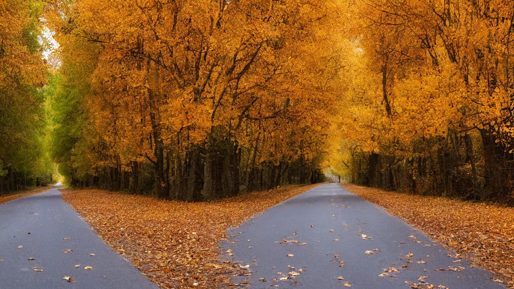 Image similar to a photograph of a country road lined on both sides by maple and poplar trees, in the autumn, red orange and yellow leaves, some leaves have fallen and are under the trees and on the road