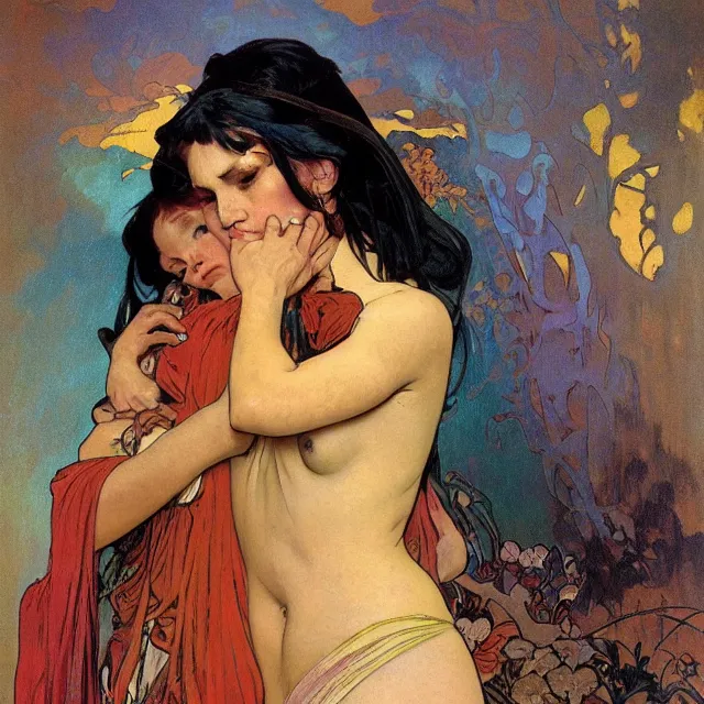 Image similar to an aesthetic! detailed portrait of an aesthetic woman crying mournfully while cradling a child, by frank frazetta and alphonse mucha, oil on canvas, bright colors, art nouveau, epic composition, dungeons and dragons fantasy art, hd, god - rays, ray - tracing, crisp contour - lines, huhd - 8 k