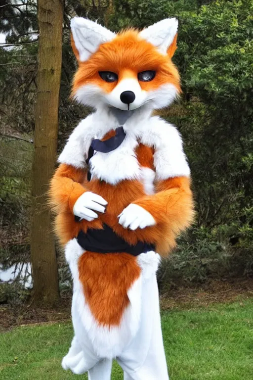 Image similar to an anthropomorphic fox with a fluffy tail as a fursuit, cosplay