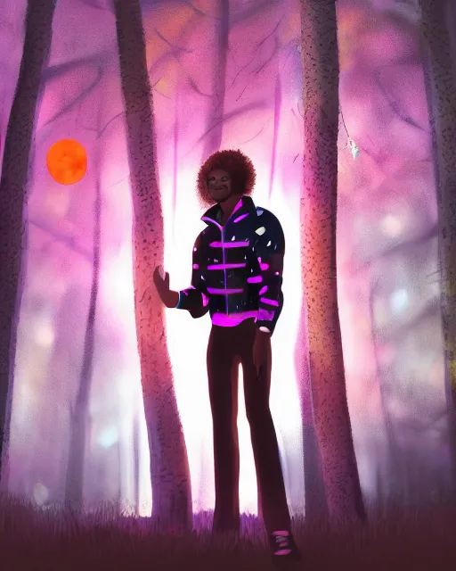 Image similar to man with pink glowing afro wearing disco jacket, standing in atmospheric spring forest at night, high contrast photoshop digital painting, realistic shading, beautiful moon lighting, best of artstation 4 k