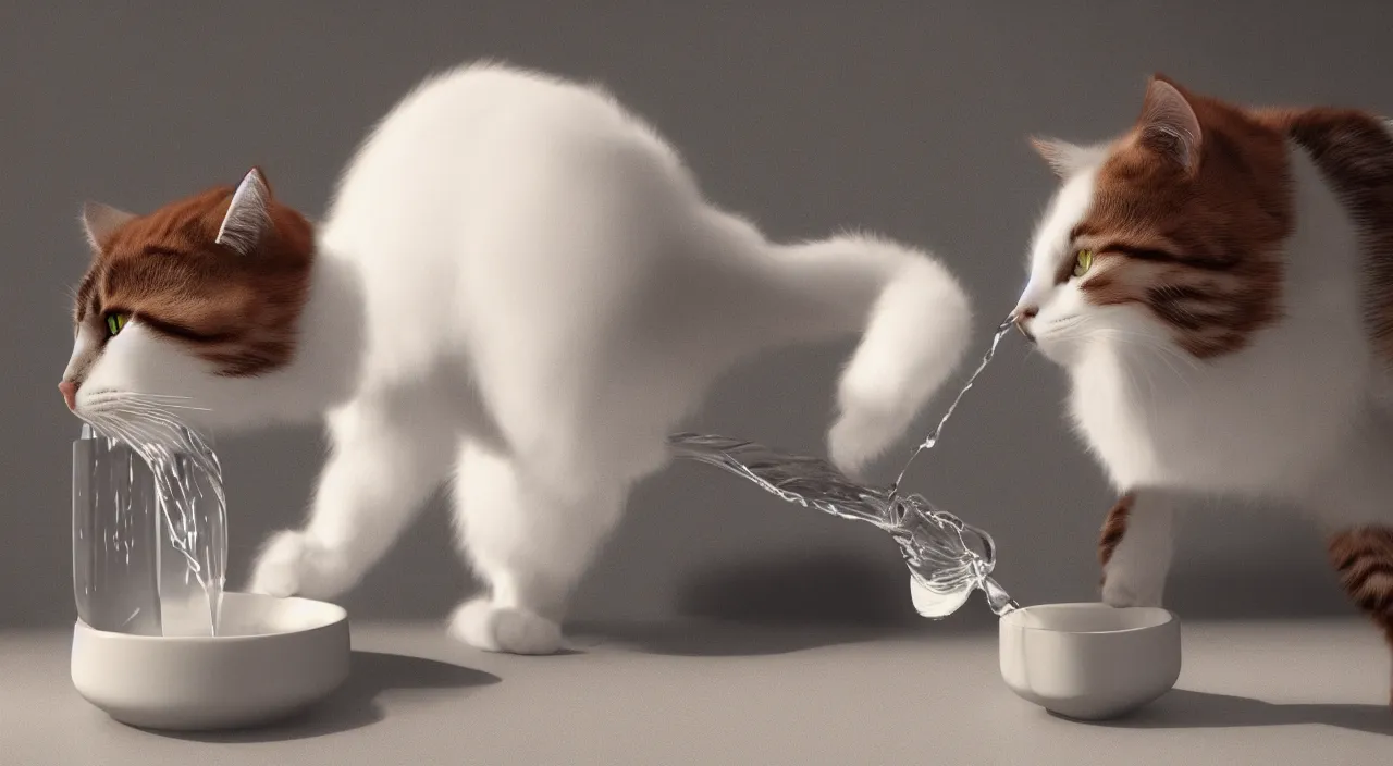 Image similar to A cat drinking water from a bowl, fluffy cat, digital art, octane render