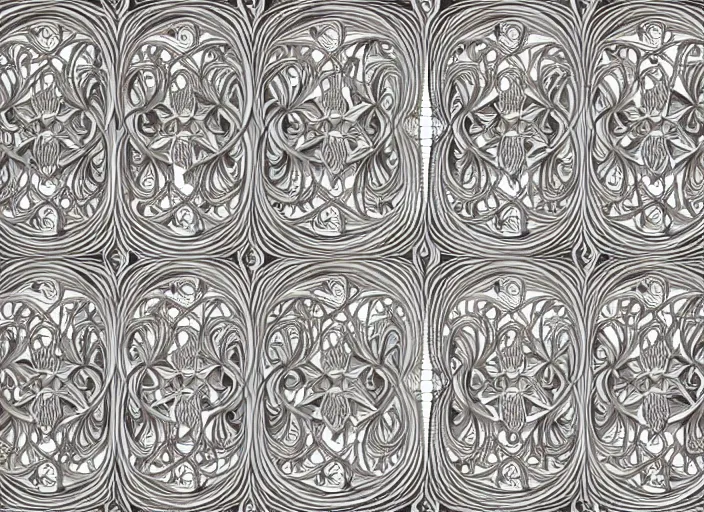 Image similar to symmetry! twins, intricate filigree, elegant, highly detailed, concept art, smooth, sharp focus, lineart, illustration, 3 d occlusion, thinline with grays on white, 8 k