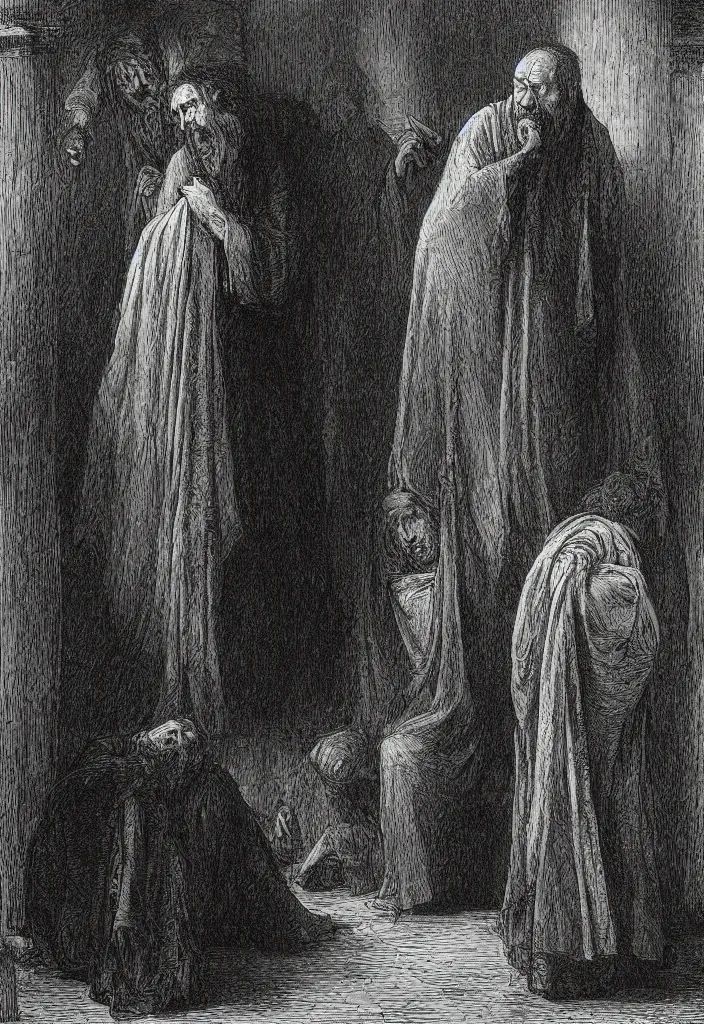 Prompt: drunken priests, creepy atmosphere, dark, portrait, very realistic, illustration by gustave dore