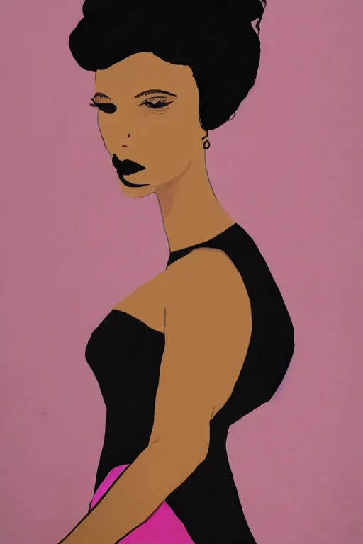 Image similar to a portrait of a beautiful woman that has a black hair, tan skin and is wearing a beautiful black and pink dress