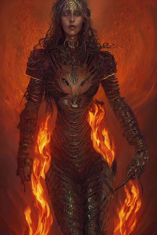 Prompt: Long Worm made of Fire wrapped around the arm of the beautiful fire goddess wearing ornate bikini armor, digital art, trending on artstation, cgsociety, detailed, illustration, professional art by Seb McKinnon