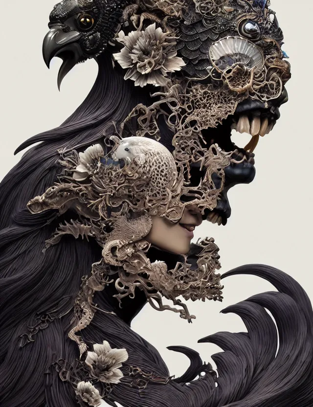 Image similar to 3 d goddess of death close - up profile portrait with ram skull. beautiful intricately detailed japanese crow kitsune mask and clasical japanese kimono. betta fish, jellyfish phoenix, bio luminescent, plasma, ice, water, wind, creature, artwork by tooth wu and wlop and beeple and greg rutkowski