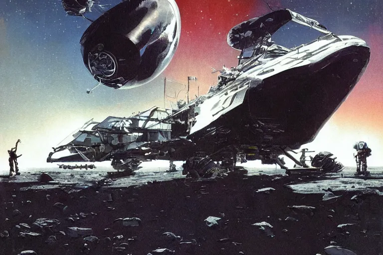 Prompt: a black alien spaceship descending on the moon, cinematic, shadows, 4 k, detailed, by john berkey!!!!!! and peter jackson and ridley scott and beeple!!! and greg rutowski