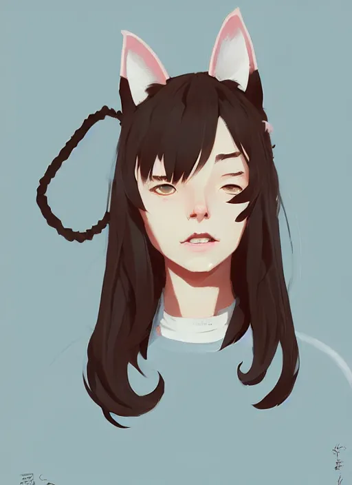 Image similar to portrait of cute catgirl with cat ears, by atey ghailan, by greg rutkowski, by greg tocchini, by james gilleard, by joe gb fenton, by in kaethe butcher, dynamic lighting, gradient light blue, brown, blonde cream and white color in scheme, grunge aesthetic