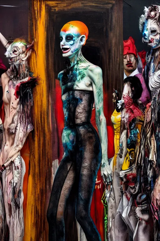 Prompt: crazy fashion catwalk, freak show, one model, crazy clothes, biopunk style, horror, hauntingly surreal, highly detailed painting by francis bacon, edward hopper, adrian ghenie, gerhard richter, and james jean soft light 4 k