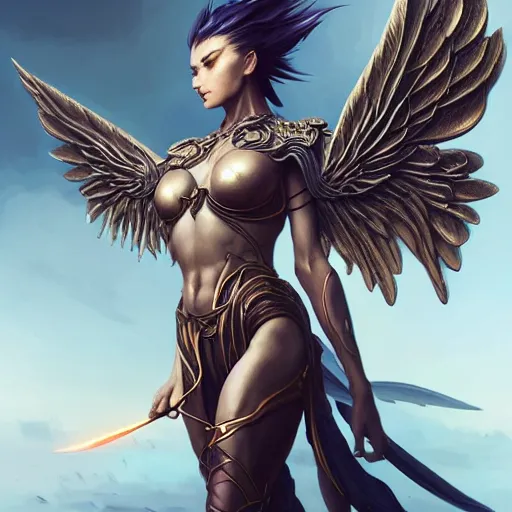 Image similar to 3 / 4 view of a warrior woman with wings, pixie, genshin impact,, intricate, elegant, sharp focus, illustration, highly detailed, concept art, matte, art by wlop and artgerm and greg rutkowski, fashionable neotenous goddess, latex and futuristic attire, h 6 4 0