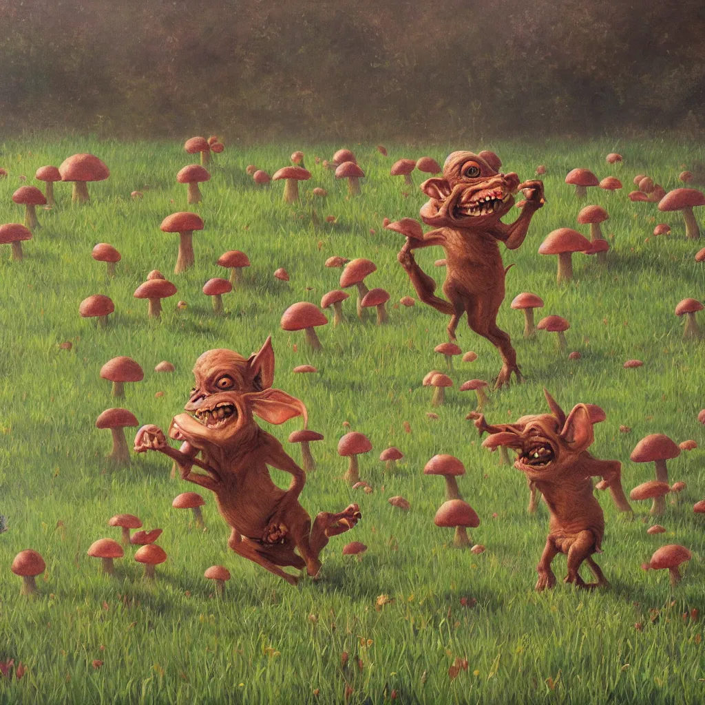 Prompt: a realistic painting of a goblin dancing in a field of mushrooms by Kuang Hong,