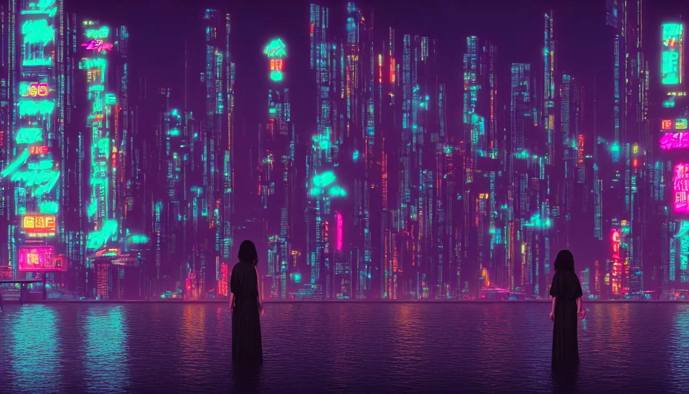 Prompt: 8 0 s neon movie still with a woman standing by a river at night. a cyberpunk city is in front of her. she is looking at the city. she is wearing a kimono. hyperrealistic, high definition, medium format photography, highly detailed, technicolor, anamorphic 5 0 mm lens