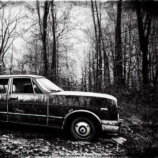 Image similar to rusty sedan in winter forest, greyscale, Polaroid, editoral image