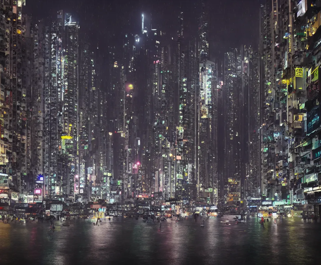 Image similar to hong kong in 2042, night time, rain, surreal atmosphere