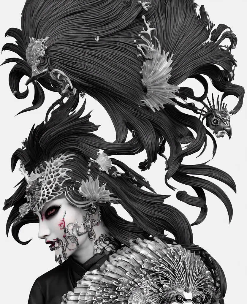 Image similar to 3 d goddess close - up profile portrait punk with mohawk with ram skull. beautiful intricately detailed japanese crow kitsune mask and clasical japanese kimono. betta fish, jellyfish phoenix, bio luminescent, plasma, ice, water, wind, creature, artwork by tooth wu and wlop and beeple and greg rutkowski