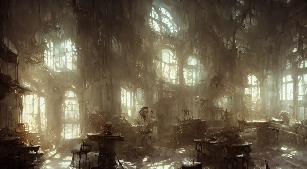 Prompt: This Interior of a Melancholic Nursing Home, Concept art by Tony Sart and Greg Rutkowski, Matte Painting, trending on artstation