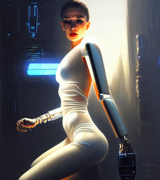 Image similar to beauty woman wrapped in white and gold, Terminator artifacts, electronic case display, cyberpunk tech, ultrarealistic, futuristic, back lit, dramatic lighting, electrical details, high details, 4k, 8k, best, accurate, trending on artstation, artstation, photorealism, ultrarealistic, digital painting, style of Peter Mohrbacher, Caravaggio, Caravaggio, Boris Vallejo, Hajime Sorayama