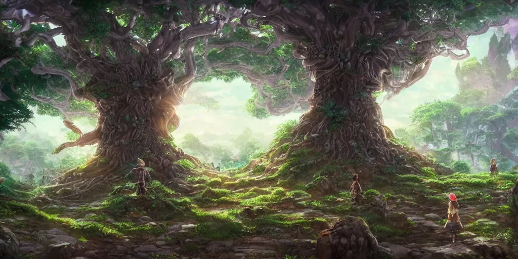 Prompt: An elven village built into a massive tree, cinematic angle, beautiful, studio Ghibli, cinematic lighting, detailed realism painting, hyperrealistic, 8k