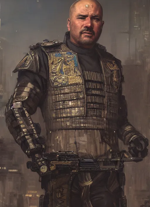 Image similar to gengis khan. cyberpunk police trooper in a military vest ( blade runner 2 0 4 9, cyberpunk 2 0 7 7 ). orientalist portrait by john william waterhouse and james gurney and theodore ralli and nasreddine dinet, oil on canvas. cinematic, hyper realism, realistic proportions, dramatic lighting, high detail 4 k