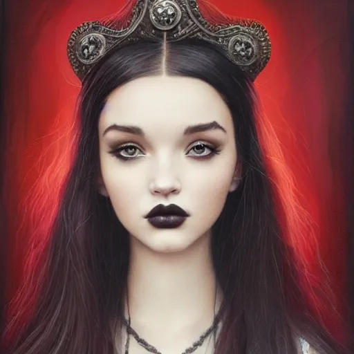 Image similar to tom bagshaw portrait, beautiful asian mix of dove cameron madison beer bella poarch in a full dress, gothic makeup, professionally retouched, focus eyes, ultra realistic soft painting, insanely detailed linework, symmetrical accurate intricate features, behance, 8 k