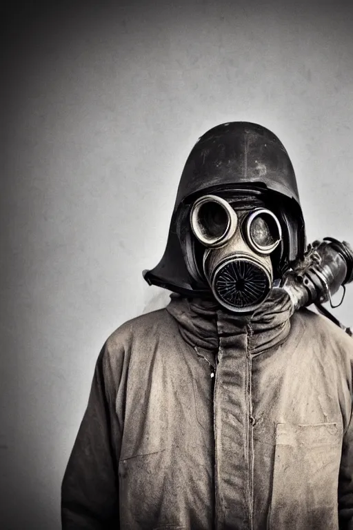 Image similar to an award winning portrait photo of a homeless person wearing a gas mask and hard helmet, 4 k, high quality, sharp focus