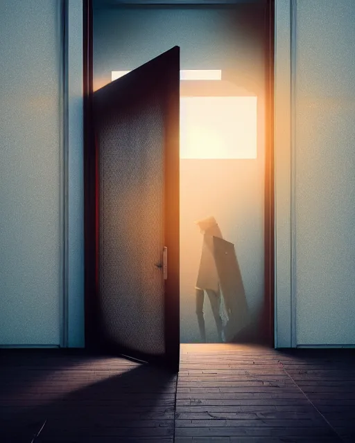 Image similar to a person standing in front of an open door, poster art by mike winkelmann, trending on cg society, space art, sci - fi, ue 5, futuristic, volumetric lighting