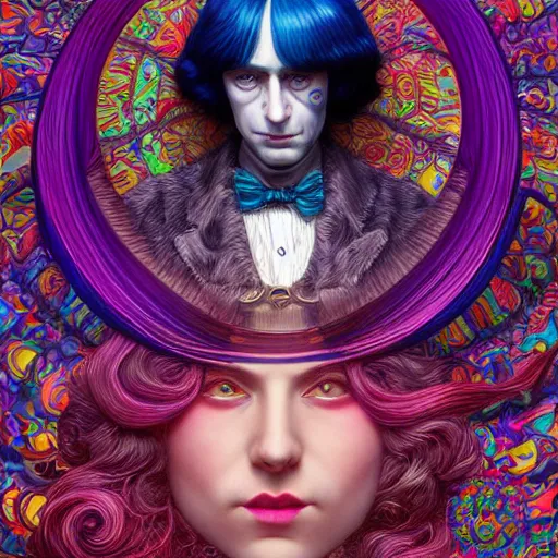 Image similar to dream a portrait of willy wonka, hyper detailed masterpiece, neon geometric floral pattern, jean giraud and amanda sage, digital art painting, darkwave goth aesthetic, psychedelic, artgerm, donato giancola, studio ghibli and tom bagshaw