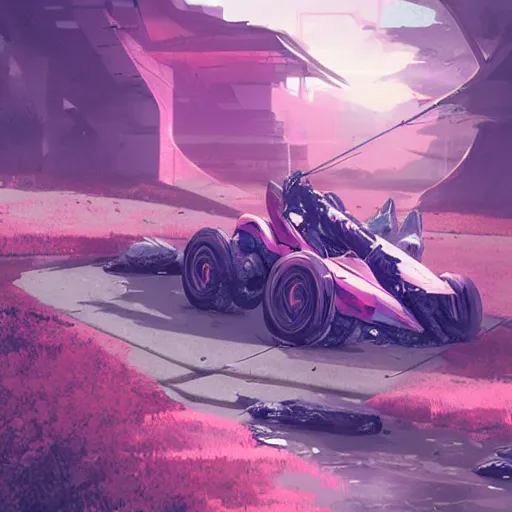 Prompt: concept art by Neil Blevins, James Paick, Natasha Tan Maciej Kuciara, highly detailed, ultra realistic wheelchair user and anime girl a clearing with pink grass and a river long-range plan cinematic lighting