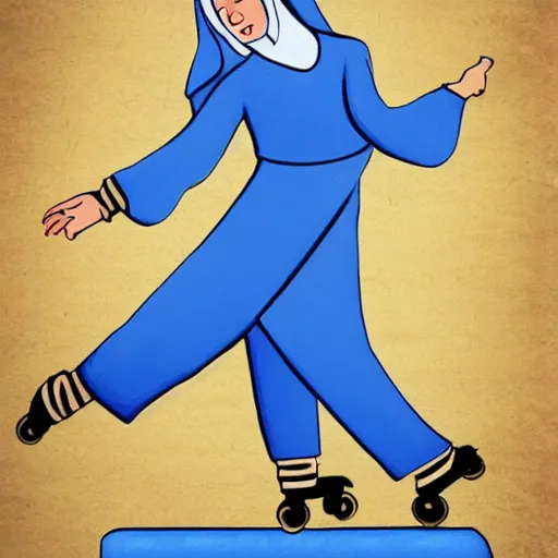 Prompt: blonde nun in blue clothes on roller skates, photorealistic, in the style of michaelangelo