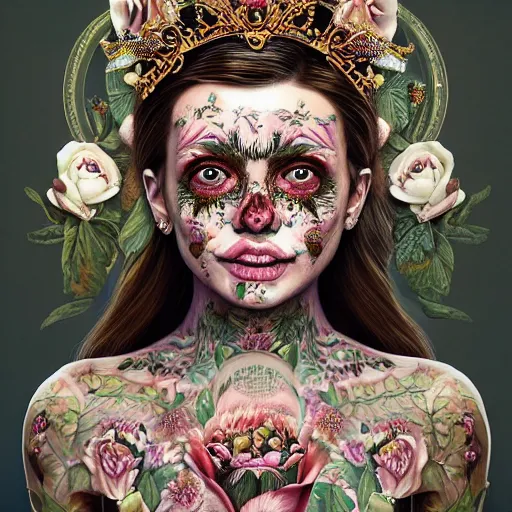 Prompt: A very detailed horrifying portrait painting of the flower princess, floral patterned tattoos, 8k, trending on artstation cgsociety, masterpiece, in the style of DiscoDiffusion.