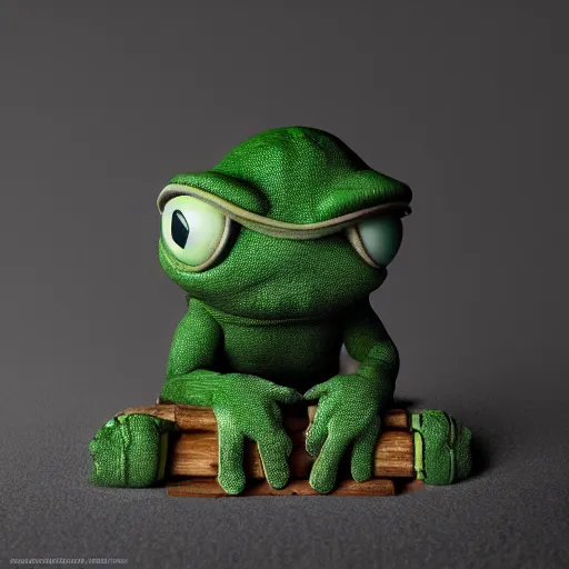 Image similar to perfectly accurate miniature figure of pepe the frog wearing jeans and a black leather jacket, soft textures, skin texture, clothing, 3d sculpture, textured, fine detail, lifelike, photo, high resolution, octane render, post processing, after effects, trending on artstation