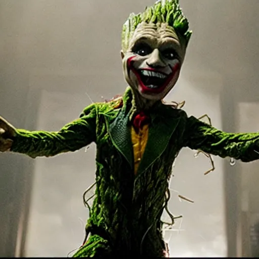 Prompt: film still of Groot as the Joker in the new Joker film