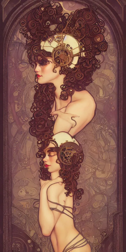 Image similar to prettiest woman with curly dark hair in steampunk costume, art deco, mucha klimt and tom bagshaw, art deco, rim lighting, low key lighting, character concept, oil painting, mike mignola